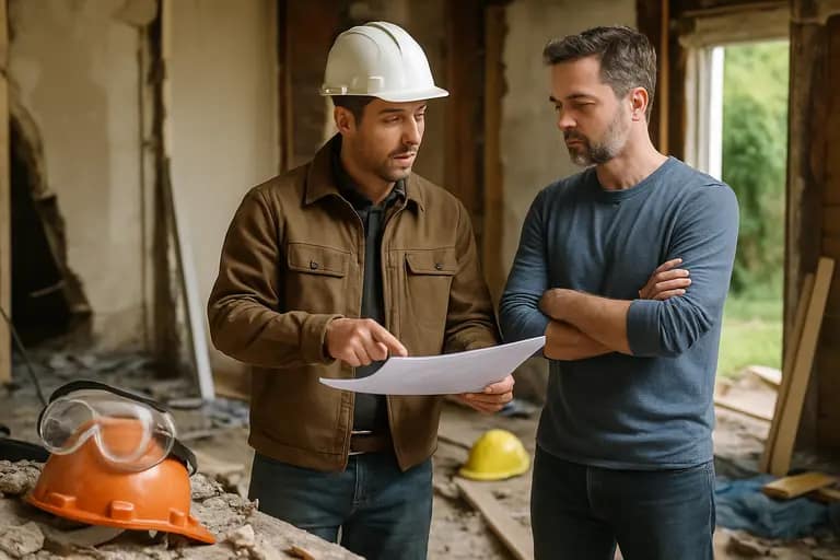 Contractor and homeowner reviewing written renovation scope at a table