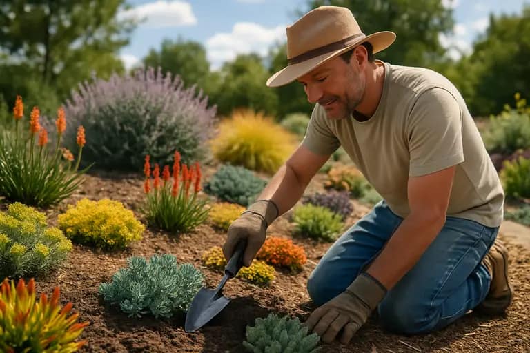 Low-care garden bed with shrubs, mulch, and a paved sitting area