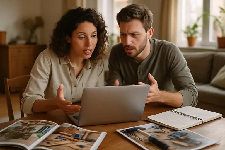 Contractor and homeowner discussing a renovation checklist beside house plans