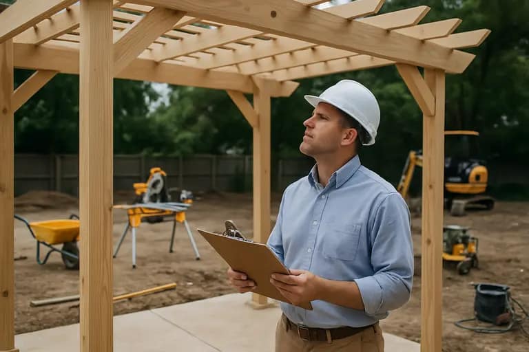 contractor inspecting the posts and fasteners of an outdoor canopy