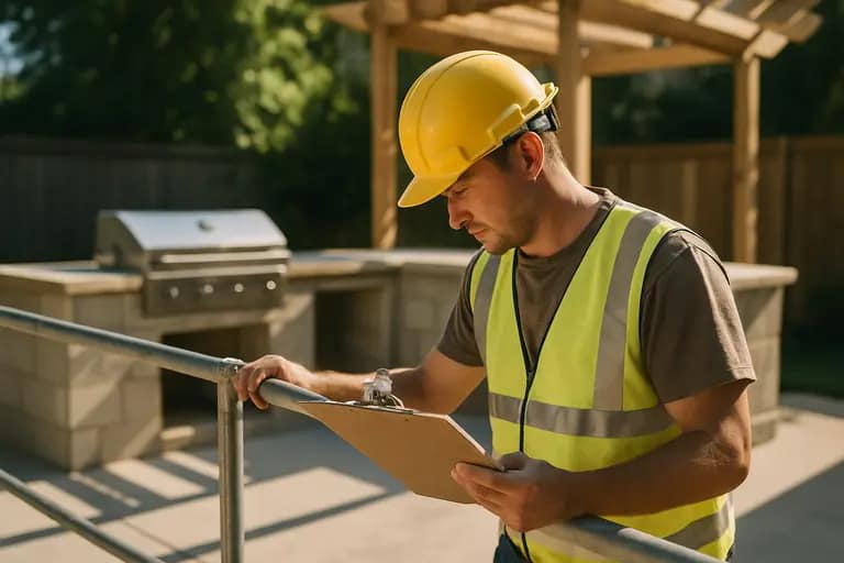 Licensed contractor checking utility connections near an outdoor cooking area