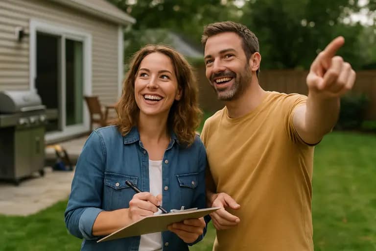 Buyer reviewing notes while standing beside a backyard patio