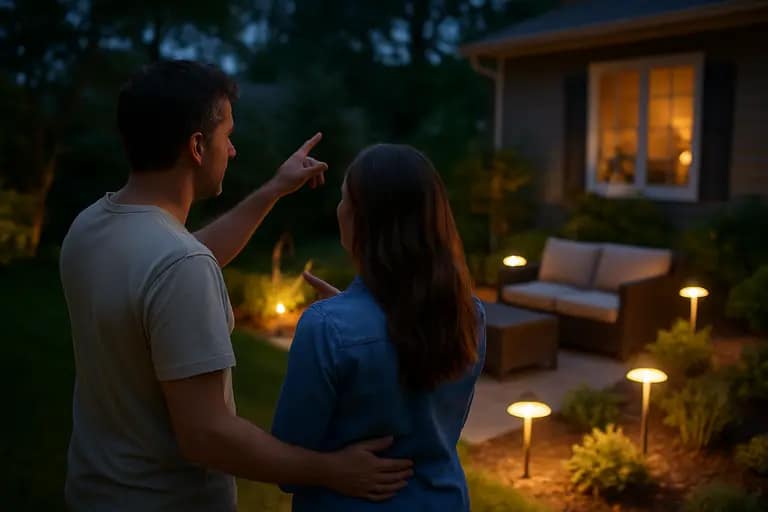 Home buyer viewing a lit patio and exterior fixtures during an evening walkthrough