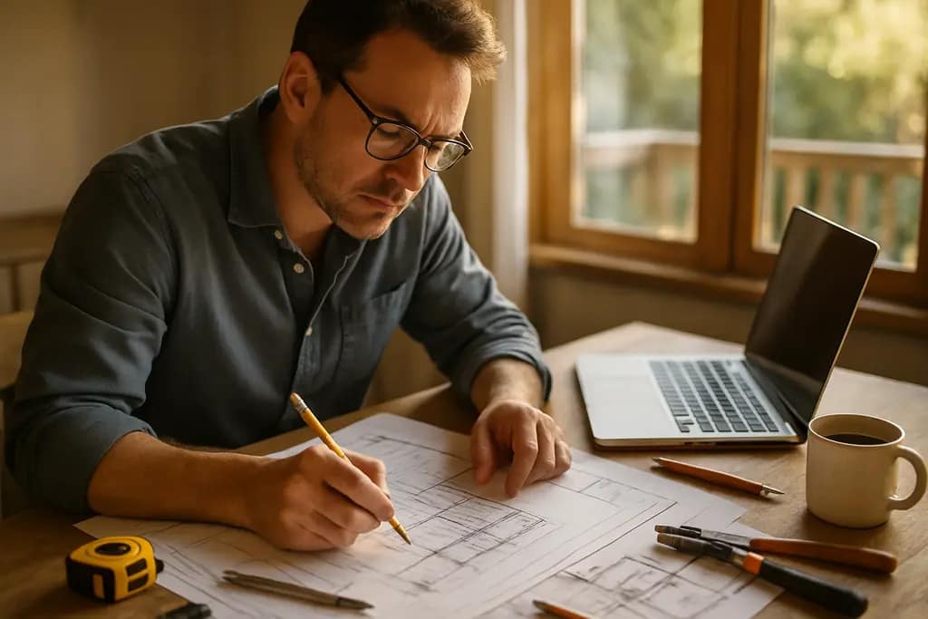 DIY Renovation Planning notes with tape measure, samples, and a pencil on a worktable