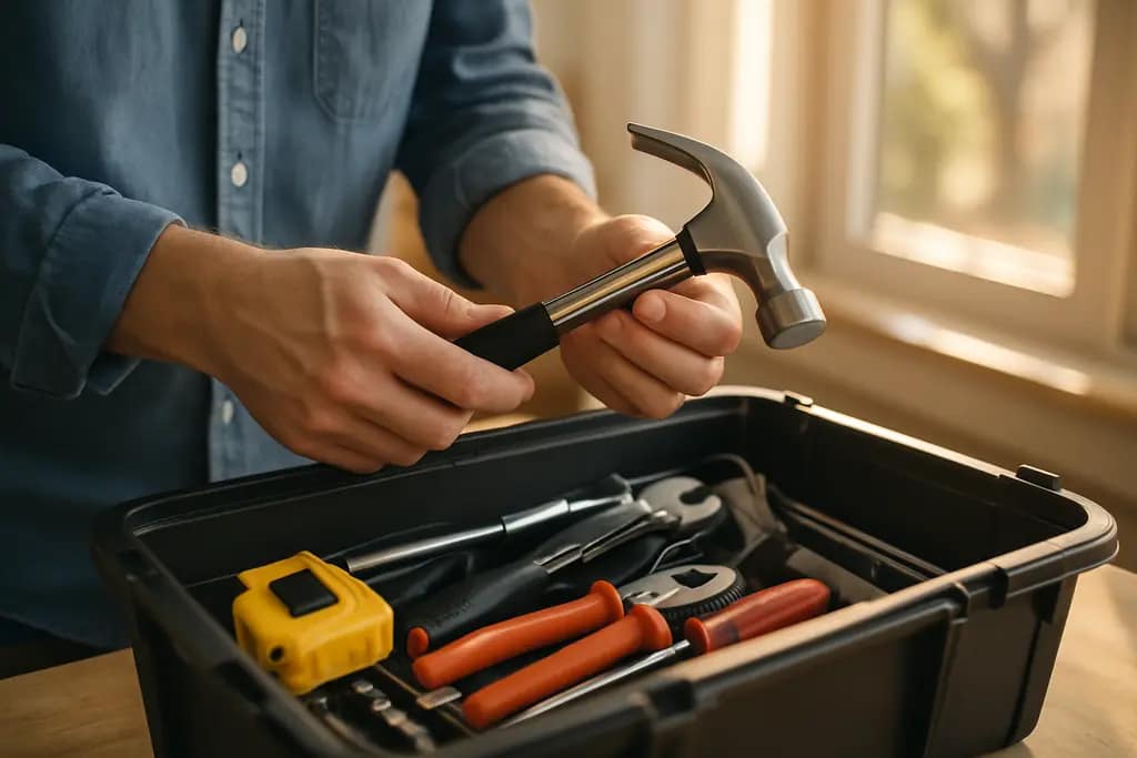 DIY Tool Selection with measuring tape, drill, level, and safety glasses on a workbench