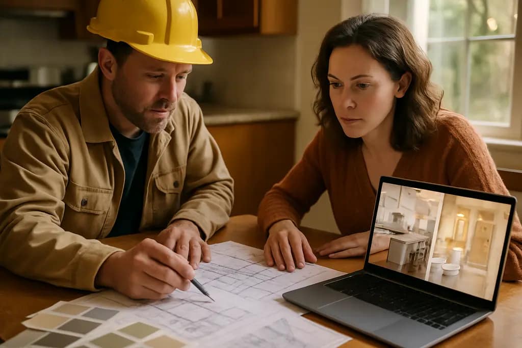 Kitchen Bath Costs planning notes beside cabinet samples and bathroom tile