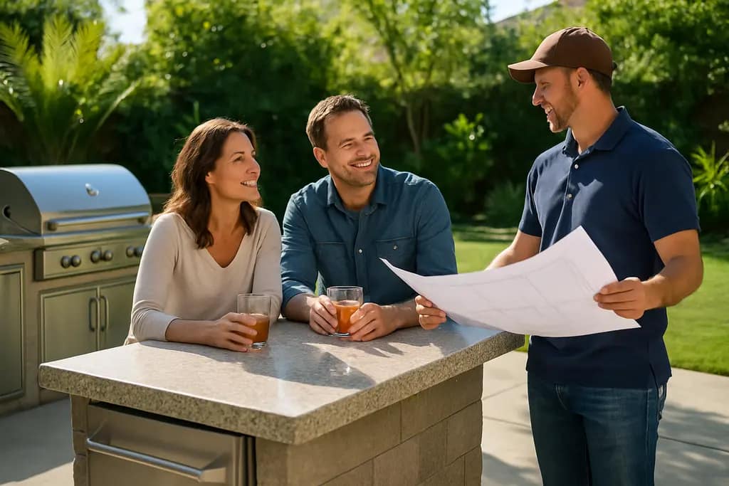 Outdoor kitchens with counters and seating in a finished backyard patio