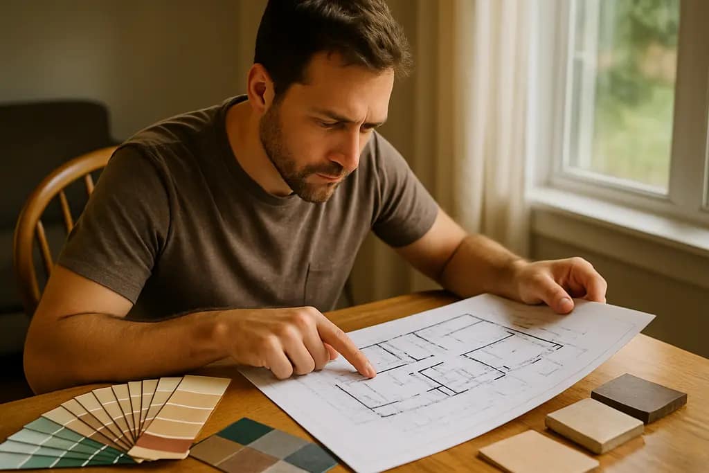 remodeling myths planning notes beside material samples and a tape measure