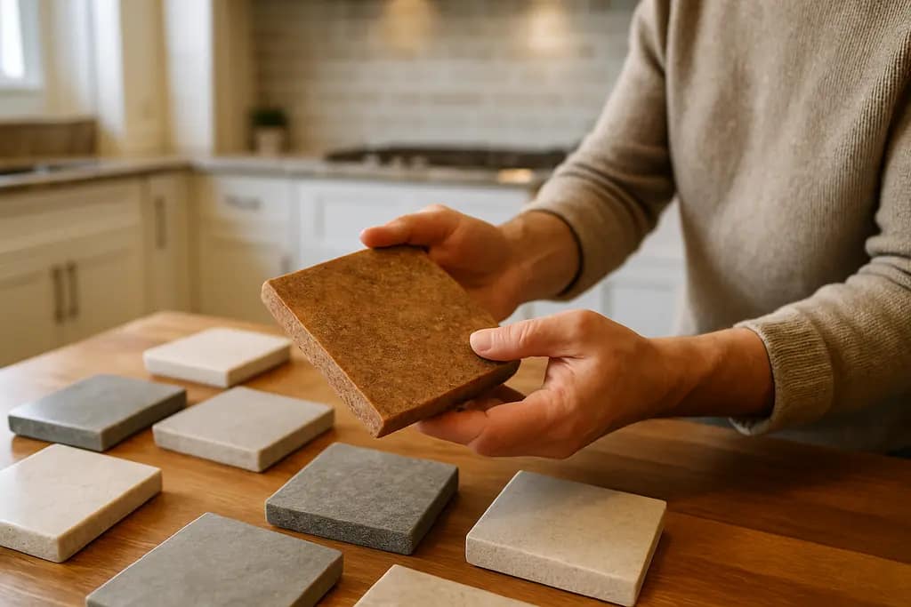 warm tone countertops with wood cabinets in a bright kitchen