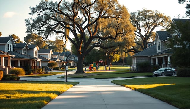 A bustling suburban neighborhood, captured through the lens of a wide-angle camera. In the foreground, a well-maintained sidewalk leads the eye towards a diverse array of homes, each with its own unique architectural style and landscaping. The middle ground showcases a lively community park, complete with a children's playground and a group of neighbors engaged in a friendly pickup game of basketball. In the background, towering oak trees sway gently in the warm afternoon sunlight, casting dappled shadows across the scene. The overall atmosphere conveys a sense of tranquility, community, and the perfect balance of urban and natural elements that a prospective homebuyer might seek in an ideal neighborhood. A bustling suburban neighborhood, captured through the lens of a wide-angle camera. In the foreground, a well-maintained sidewalk leads the eye towards a diverse array of homes, each with its own unique architectural style and landscaping. The middle ground showcases a lively community park, complete with a children's playground and a group of neighbors engaged in a friendly pickup game of basketball. In the background, towering oak trees sway gently in the warm afternoon sunlight, casting dappled shadows across the scene. The overall atmosphere conveys a sense of tranquility, community, and the perfect balance of urban and natural elements that a prospective homebuyer might seek in an ideal neighborhood.