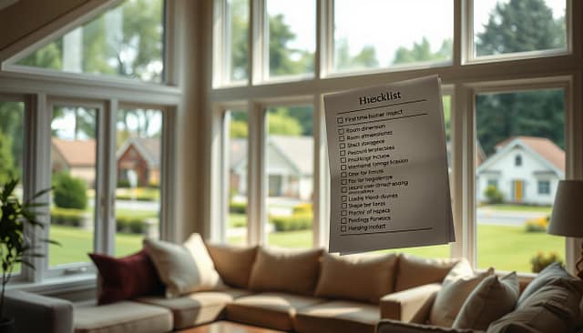 A cozy living room with large windows overlooking a picturesque suburban neighborhood. In the foreground, a well-organized checklist hovers in midair, its pages flipping gently as if guided by an unseen hand. The checklist highlights key details to inspect during a home viewing - room dimensions, storage space, window conditions, and more. Soft, diffused lighting creates a warm, inviting atmosphere, encouraging the viewer to imagine themselves carefully evaluating a potential new home. In the background, a few neatly arranged houses sit nestled among lush greenery, their architectural features and landscaping visible through the windows. An air of thoughtful consideration pervades the scene, reflecting the careful decision-making process of a first-time homebuyer. A cozy living room with large windows overlooking a picturesque suburban neighborhood. In the foreground, a well-organized checklist hovers in midair, its pages flipping gently as if guided by an unseen hand. The checklist highlights key details to inspect during a home viewing - room dimensions, storage space, window conditions, and more. Soft, diffused lighting creates a warm, inviting atmosphere, encouraging the viewer to imagine themselves carefully evaluating a potential new home. In the background, a few neatly arranged houses sit nestled among lush greenery, their architectural features and landscaping visible through the windows. An air of thoughtful consideration pervades the scene, reflecting the careful decision-making process of a first-time homebuyer.