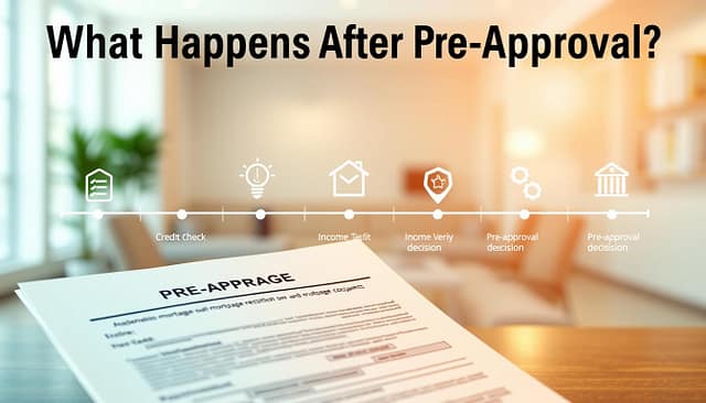 A digitally rendered timeline depicting the key steps in the mortgage pre-approval process. In the foreground, a detailed, realistic illustration of a mortgage document, highlighted by warm, natural lighting. In the middle ground, a series of icons and timeline elements illustrating the various stages, such as credit check, income verification, and pre-approval decision. The background features a blurred, clean, minimalist office environment, creating a professional, financial atmosphere. The overall scene conveys a sense of progress, transparency, and organization, reflecting the informative nature of the "What Happens After Pre-Approval?" section. A digitally rendered timeline depicting the key steps in the mortgage pre-approval process. In the foreground, a detailed, realistic illustration of a mortgage document, highlighted by warm, natural lighting. In the middle ground, a series of icons and timeline elements illustrating the various stages, such as credit check, income verification, and pre-approval decision. The background features a blurred, clean, minimalist office environment, creating a professional, financial atmosphere. The overall scene conveys a sense of progress, transparency, and organization, reflecting the informative nature of the "What Happens After Pre-Approval?" section.