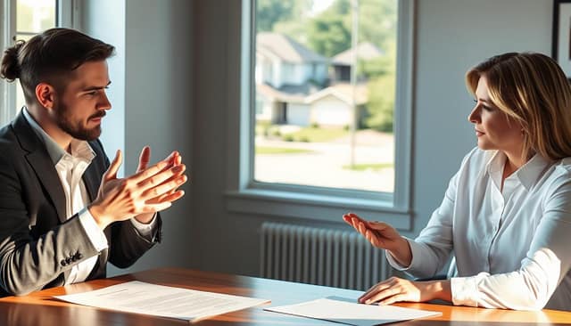 A real estate agent and a home buyer sit at a desk, engaging in a serious discussion. The agent gestures with hands, explaining a counter-offer. Soft natural lighting illuminates their faces, conveying the gravity of the situation. The buyer listens intently, brow furrowed in contemplation. In the background, a window frames a view of a suburban neighborhood, hinting at the broader context of the home-buying process. The scene evokes the tension and careful negotiation required when handling counteroffers during a real estate transaction. A real estate agent and a home buyer sit at a desk, engaging in a serious discussion. The agent gestures with hands, explaining a counter-offer. Soft natural lighting illuminates their faces, conveying the gravity of the situation. The buyer listens intently, brow furrowed in contemplation. In the background, a window frames a view of a suburban neighborhood, hinting at the broader context of the home-buying process. The scene evokes the tension and careful negotiation required when handling counteroffers during a real estate transaction.