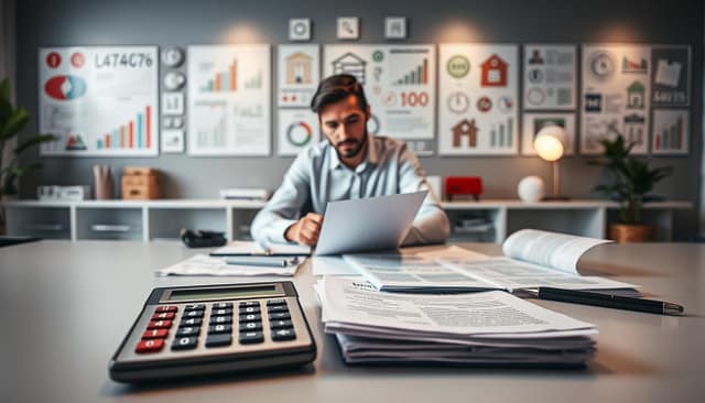 A well-lit, high-resolution image showcasing the key criteria mortgage lenders evaluate when assessing loan applications. In the foreground, a mortgage calculator, loan application forms, and financial documents are neatly arranged on a modern, minimalist desk. In the middle ground, a mortgage lender reviews these materials, their expression focused and thoughtful. The background features a wall of mortgage-related iconography, including interest rate charts, home value graphs, and credit score indicators, creating a sense of the comprehensive evaluation process. The overall tone is professional, analytical, and informative, conveying the meticulous nature of the mortgage lending criteria. A well-lit, high-resolution image showcasing the key criteria mortgage lenders evaluate when assessing loan applications. In the foreground, a mortgage calculator, loan application forms, and financial documents are neatly arranged on a modern, minimalist desk. In the middle ground, a mortgage lender reviews these materials, their expression focused and thoughtful. The background features a wall of mortgage-related iconography, including interest rate charts, home value graphs, and credit score indicators, creating a sense of the comprehensive evaluation process. The overall tone is professional, analytical, and informative, conveying the meticulous nature of the mortgage lending criteria.