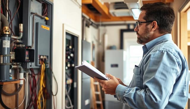 A well-lit, interior scene showcasing a home inspection in progress. In the foreground, a professional home inspector thoroughly examines the electrical panel, clipboard in hand, with a look of focused concentration. In the middle ground, they are surrounded by the various systems and components they'll assess, such as the HVAC unit, plumbing fixtures, and structural elements. The background reveals the rest of the home's interior, providing context and a sense of depth. The lighting is natural, creating a warm, inviting atmosphere that conveys the importance and thoroughness of the home inspection process. The scene should feel informative and educational, capturing the essence of why inspections are a crucial step for first-time home buyers. A well-lit, interior scene showcasing a home inspection in progress. In the foreground, a professional home inspector thoroughly examines the electrical panel, clipboard in hand, with a look of focused concentration. In the middle ground, they are surrounded by the various systems and components they'll assess, such as the HVAC unit, plumbing fixtures, and structural elements. The background reveals the rest of the home's interior, providing context and a sense of depth. The lighting is natural, creating a warm, inviting atmosphere that conveys the importance and thoroughness of the home inspection process. The scene should feel informative and educational, capturing the essence of why inspections are a crucial step for first-time home buyers.