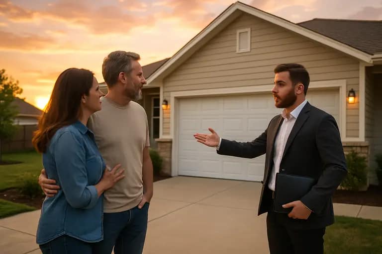 buyer and agent looking at a home garage from the driveway