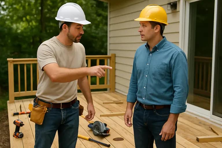 Contractor discussing deck plans with a homeowner outdoors