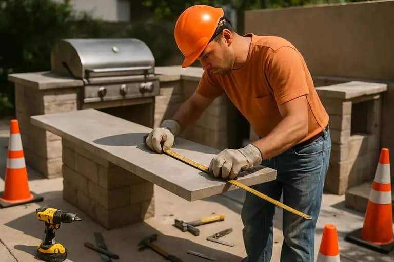 Contractor reviewing an outdoor cooking area with covered utilities