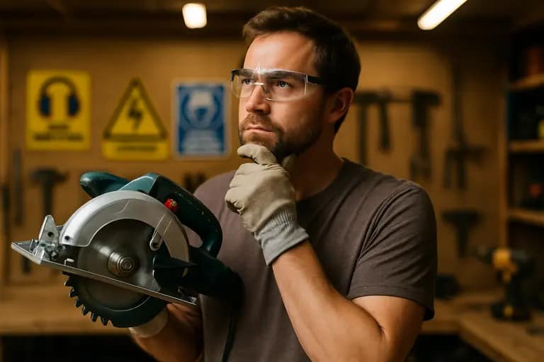 Safety glasses, gloves, and a tool manual placed beside a drill